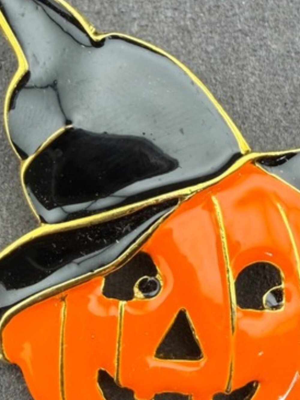 Halloween Jack O' Lantern Brooch Pin Orange Black Enamel Witch Hat Gold